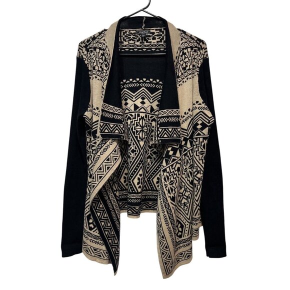 Lucky Brand Women Black / Beige Waterfall Wrap Open Cardigan Sweater Size Large - Picture 4 of 13